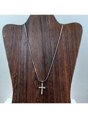 Sterling Silver Cross Pendant Necklace Rhinestones 18-Inch Chain Vintage Jewelry
